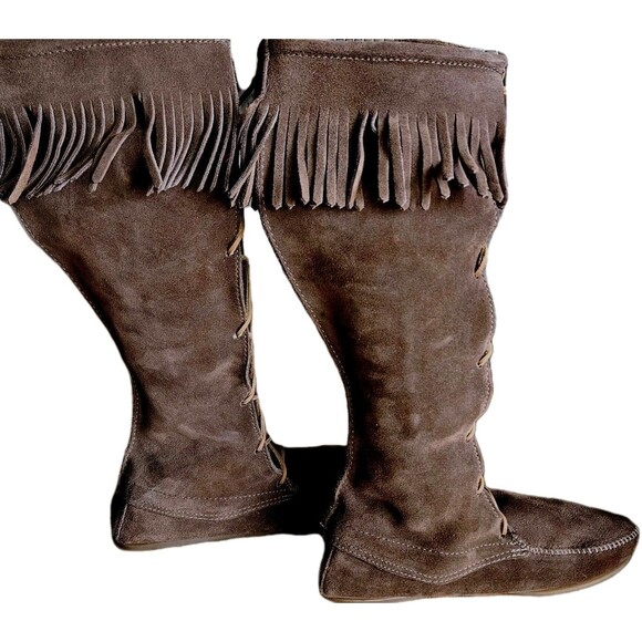 Minnetonka 1422 Leather Moccasins Tall Fringe Suede Boho Lace Up Boots Size 10 - Picture 3 of 7